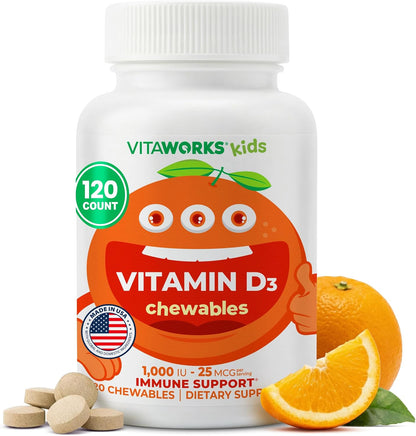 VitaWorks Kids Vitamin D 1000 IU Chewable Tablets - Orange Flavour - Vegan - 120 Count