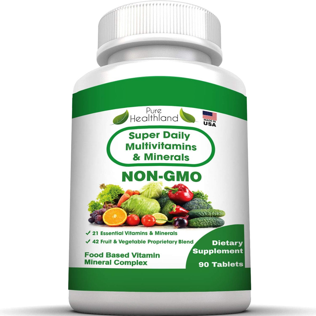 Pure Healthland Non-GMO Super Daily Multivitamin for Adults – 42 Natural Fruits & Vegetables Blend with 21 Essential Vitamins & Minerals – Vegan Coating Tablets, 90 Count, Made in USA - görsel 1