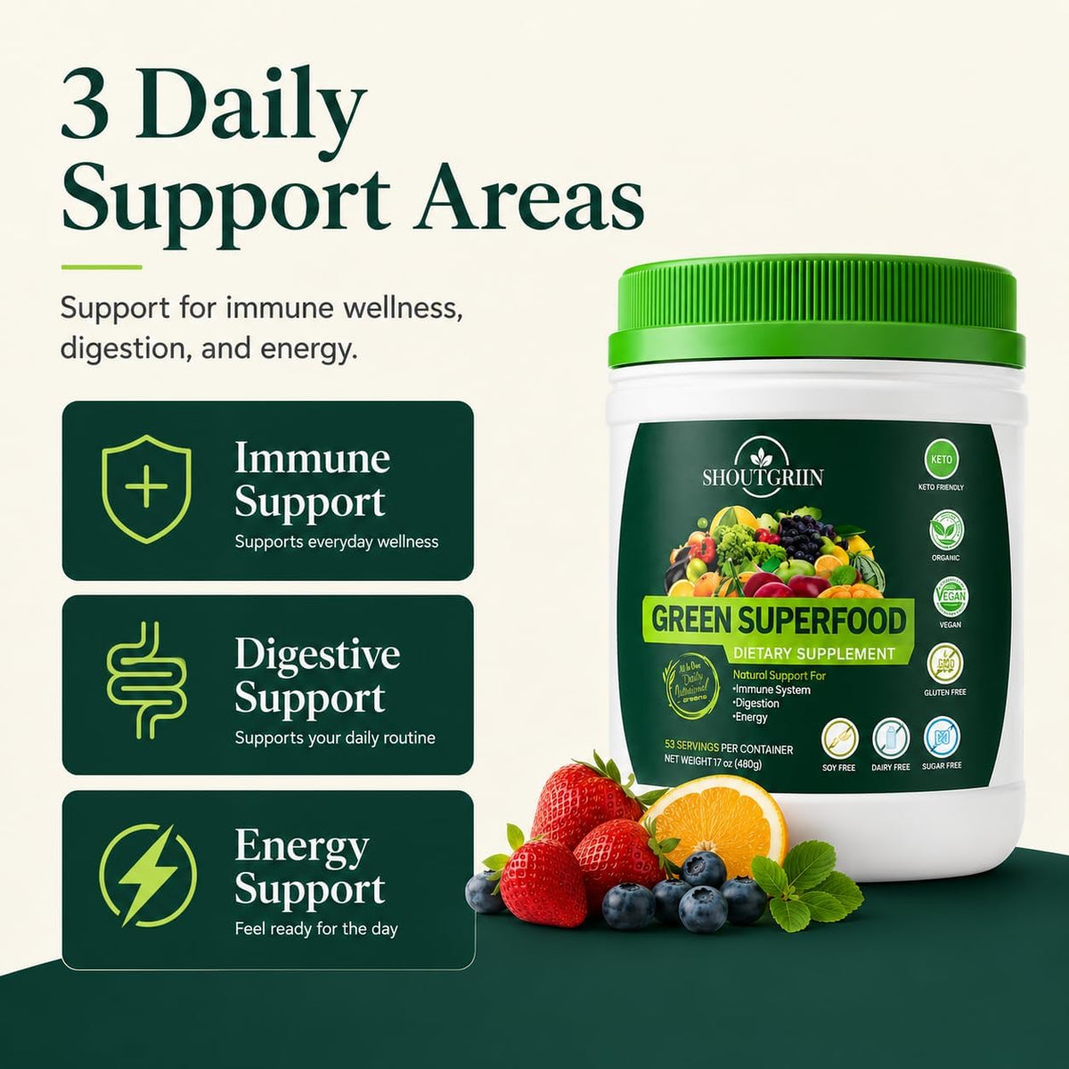 SHOUTGRIIN Green Superfood Powder – Organic Super Greens with 100 Billion CFU Probiotics & Digestive Enzymes - görsel 4