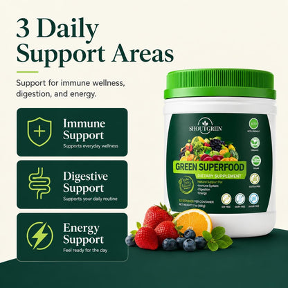 SHOUTGRIIN Green Superfood Powder – Organic Super Greens with 100 Billion CFU Probiotics & Digestive Enzymes