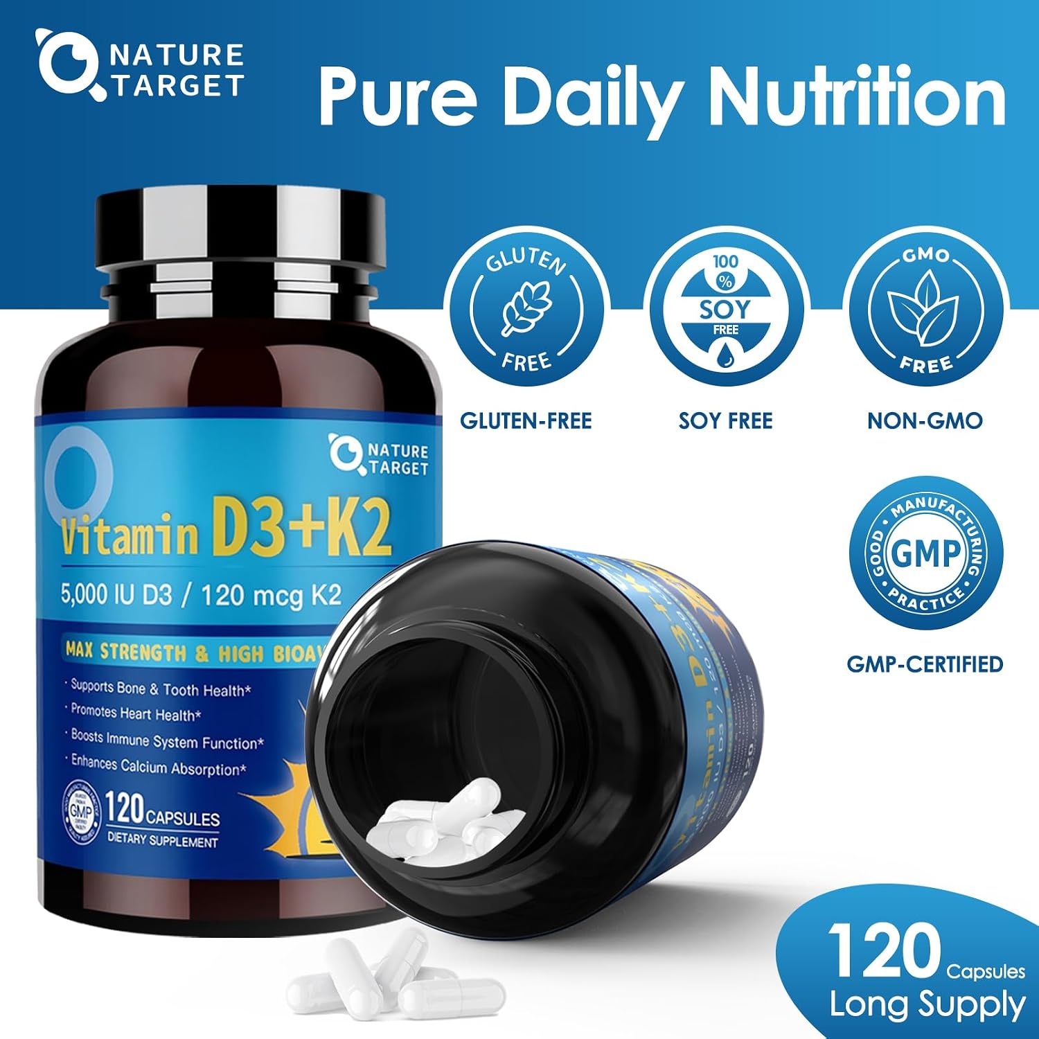 NATURE TARGET Vitamin D3 K2 with Calcium & Magnesium - 6-in-1 Complex for Bone, Heart and Immune Support - görsel 7