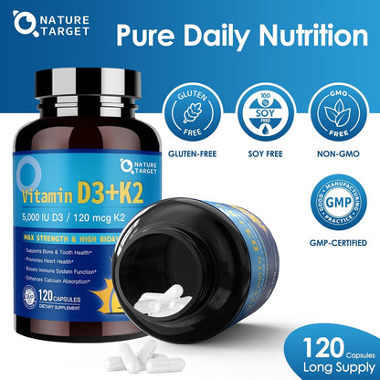 NATURE TARGET Vitamin D3 K2 with Calcium & Magnesium - 6-in-1 Complex for Bone, Heart and Immune Support