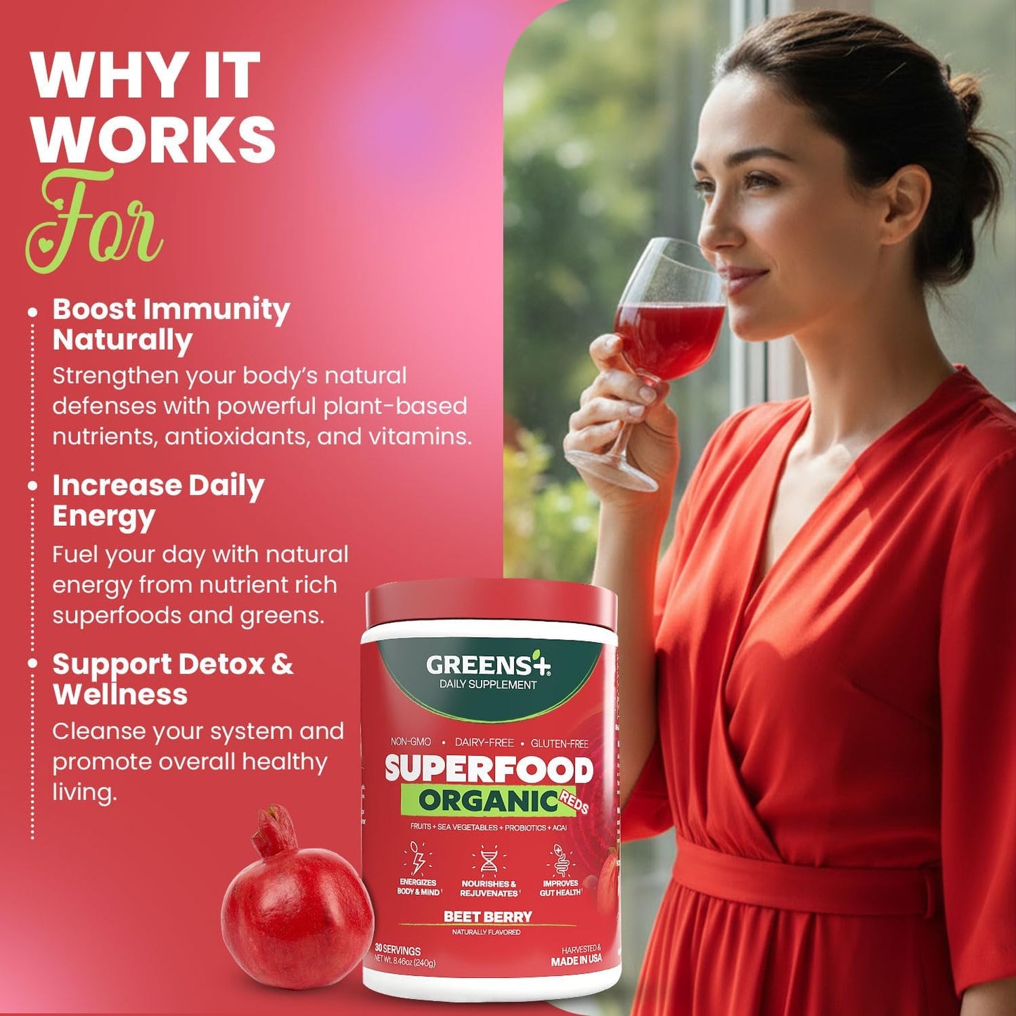 Greens+ Organic Reds Superfood Powder - Antioxidant Rich Superfood Blend (240g) - görsel 6