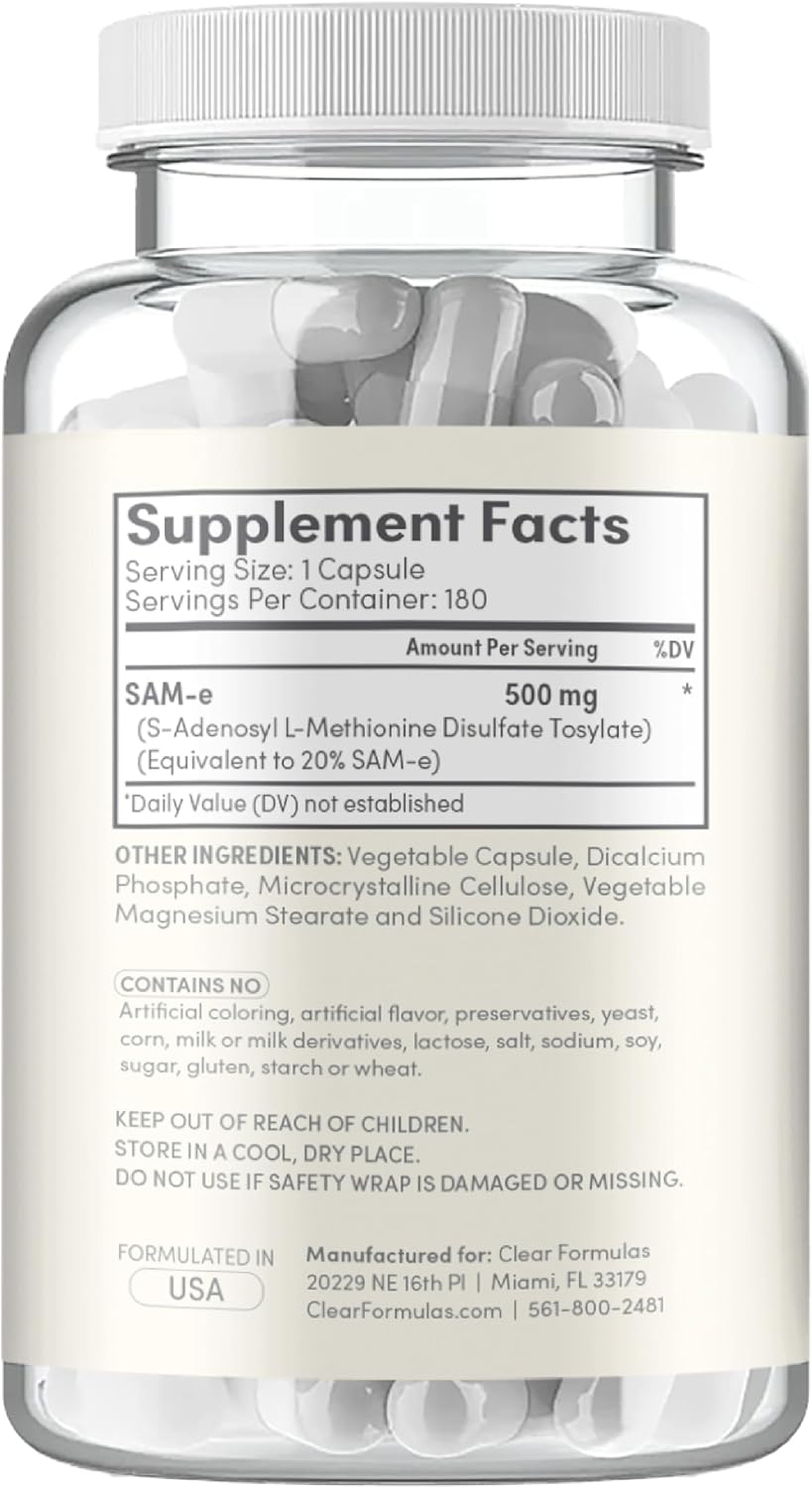 Clear Formulae Bioactive SAM-e 500mg - High Strength Liver & Mood Support - Vegan Non-GMO - 180 Capsules - görsel 3