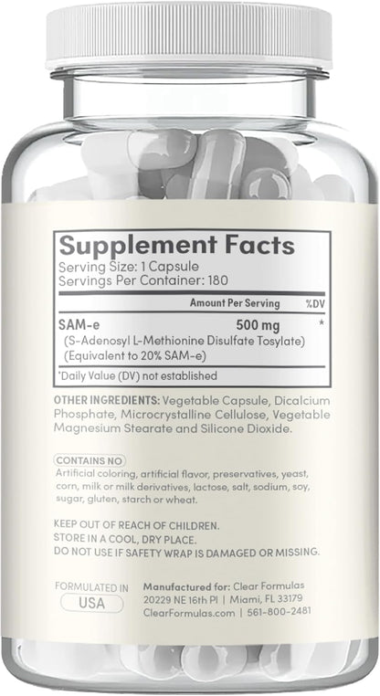 Clear Formulae Bioactive SAM-e 500mg - High Strength Liver & Mood Support - Vegan Non-GMO - 180 Capsules