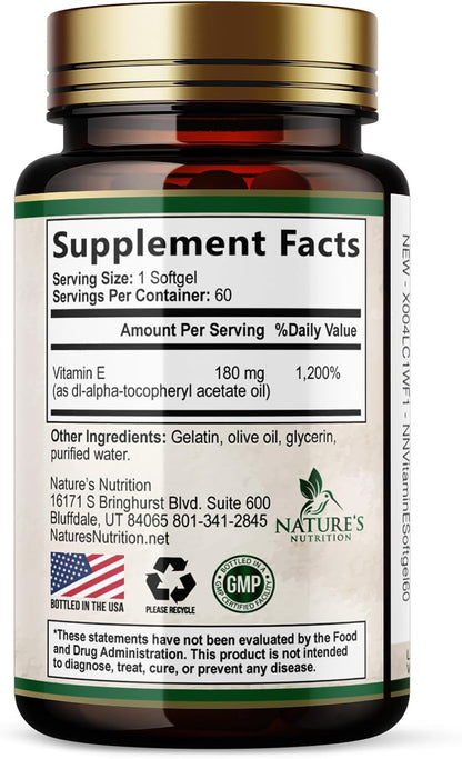 Vitamin E 180mg Per Serving - dl-Alpha Tocopherol Supplement for Skin and Immune Support - 60 Soft gel capsules
