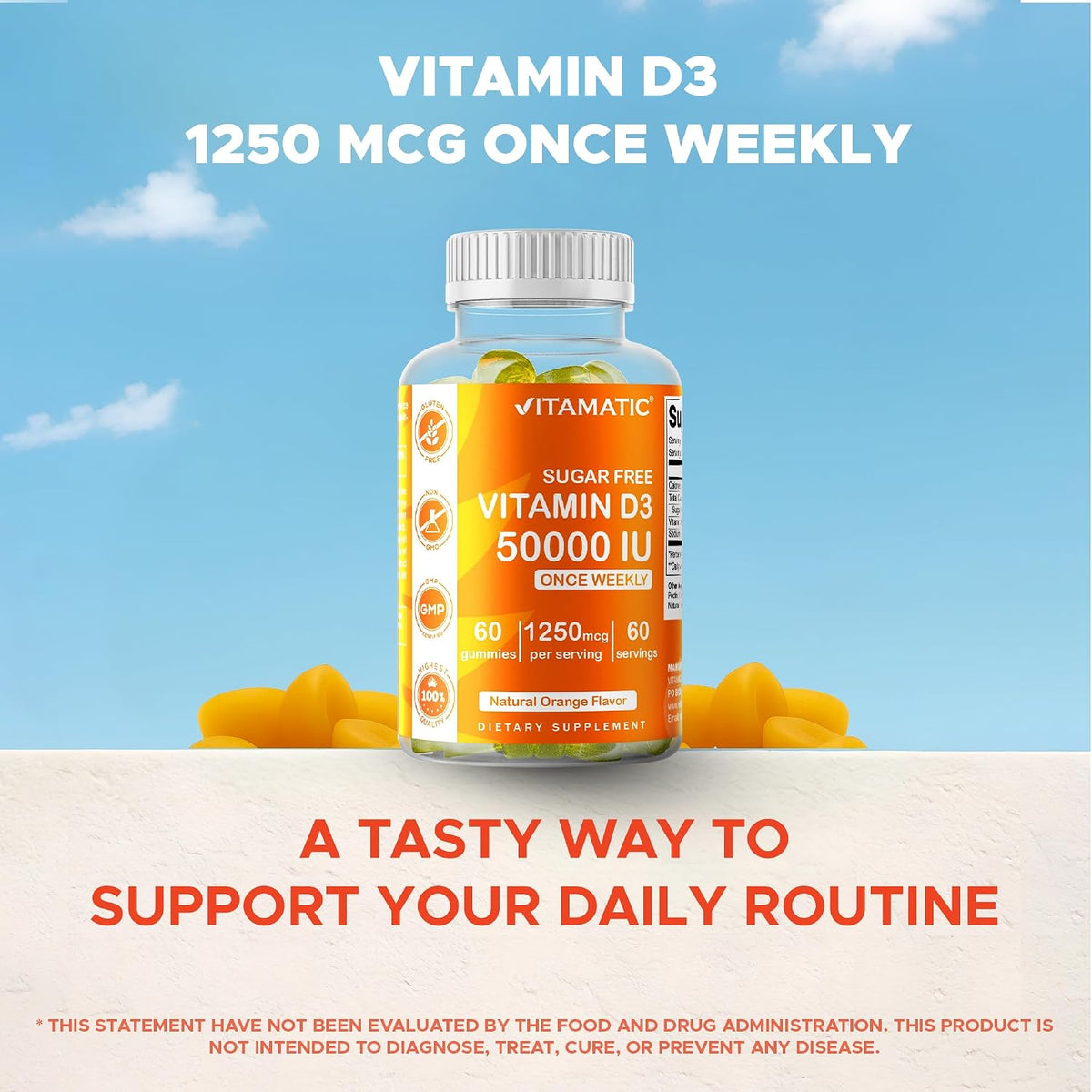 Vitamatic Sugar Free Vitamin D3 50,000 IU Weekly Supplement – 60 Pectin-Based Gummies - görsel 6
