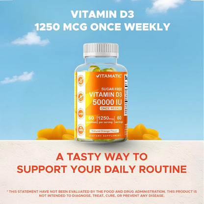 Vitamatic Sugar Free Vitamin D3 50,000 IU Weekly Supplement – 60 Pectin-Based Gummies