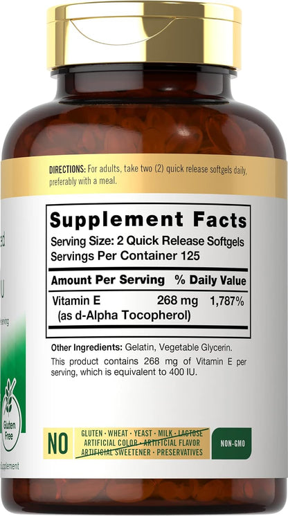 Carlyle Vitamin E 400 IU Softgels | 250 Count | Naturally Sourced Food Supplement | Non-GMO and Gluten-free