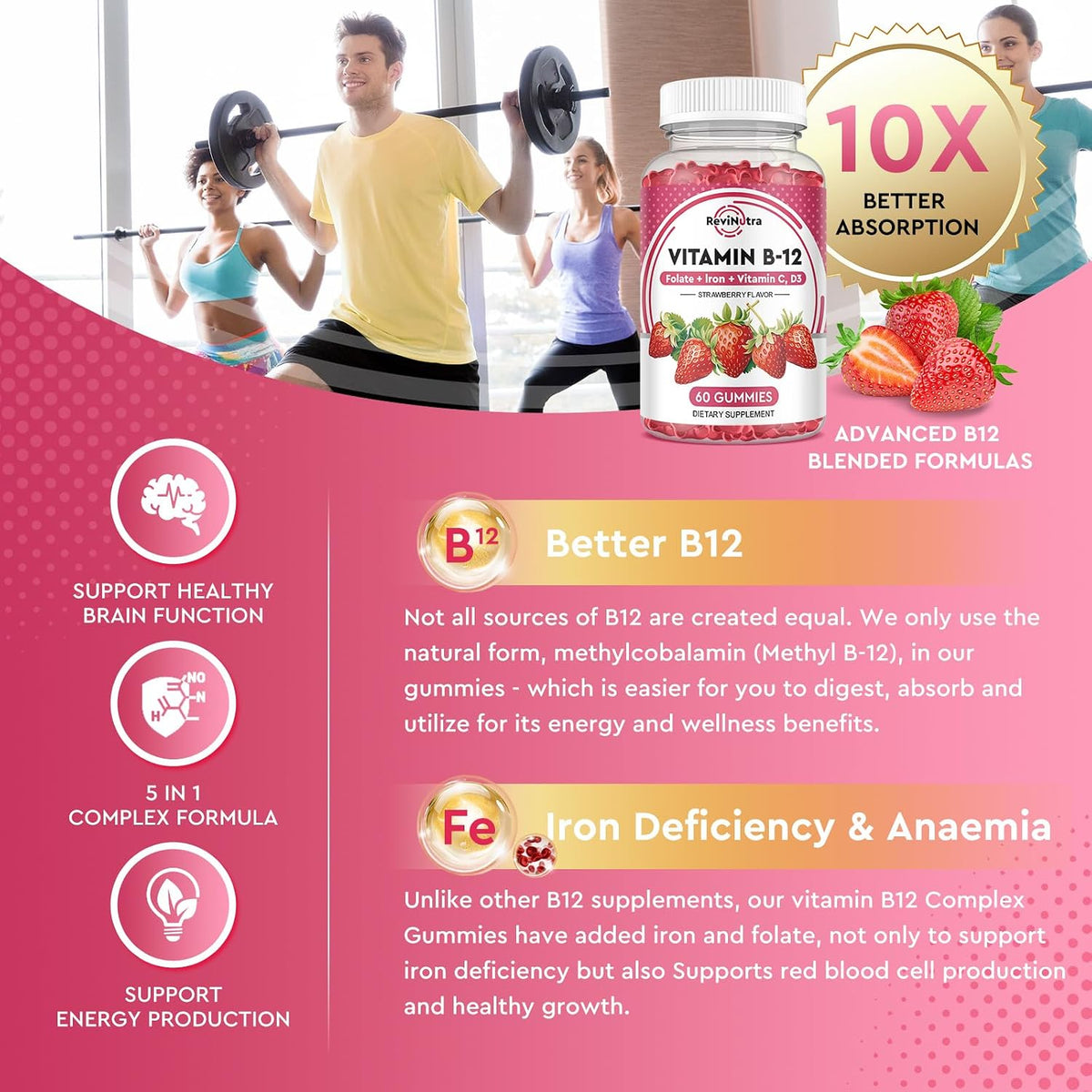 ReviNutra Vitamin B12 Complex Gummies - 5000 mcg Methylcobalamin with Iron, Vitamin C, D3 & Folate, Strawberry Flavour (2 Pack) - görsel 4