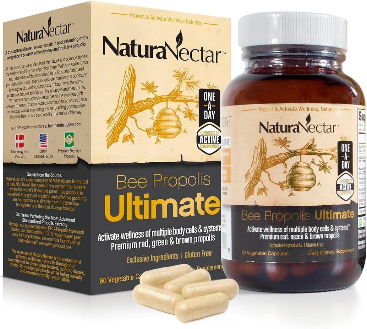 NaturaNectar Ultimate Bee Propolis Capsules – NSF Contents Certified – Brazilian Red, Brown & Green – Gluten-Free Supplement with Flavonoids (60 Capsules) - görsel 1