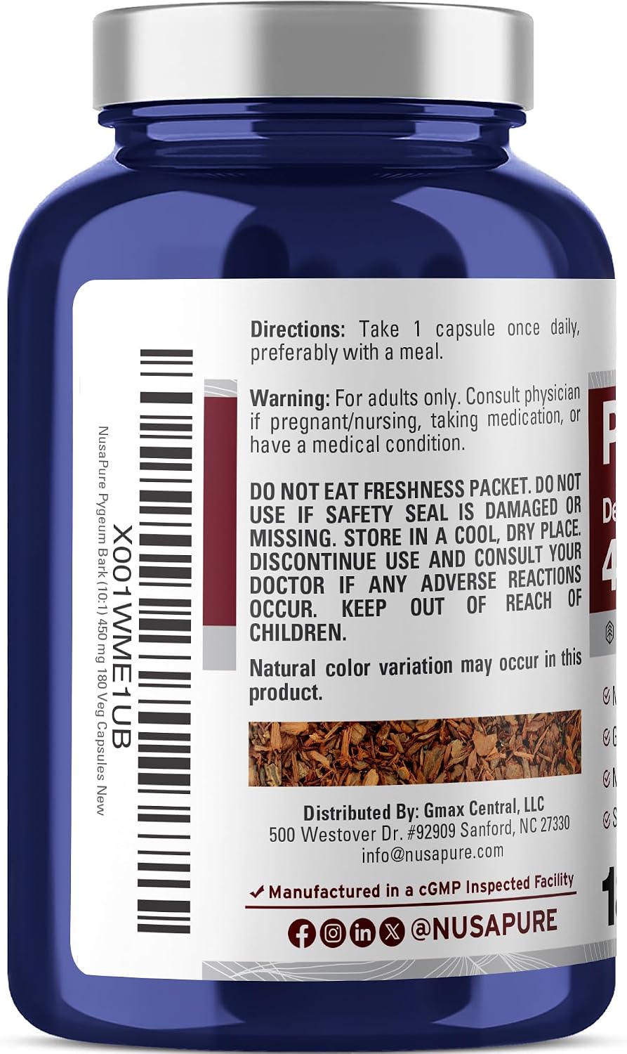 NusaPure Pygeum Bark Capsules, 450 mg, 180 Veg Capsules (Non-GMO, Vegan) - görsel 3