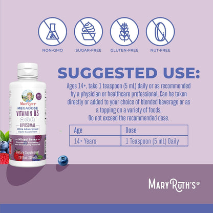MARYRUTH'S Megadose Vitamin D3 Liposomal Drops – 4000 IU, Vegan, Non-GM, 45 Servings