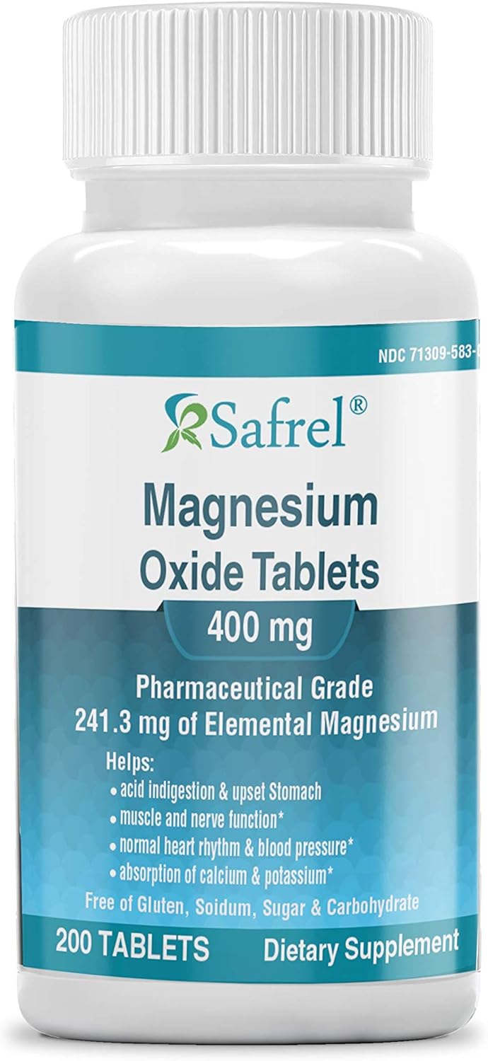 Safrel Magnesium 400mg Tablets, High Potency Magnesium Oxide Supplement for Muscle Cramps, Relaxation, Nerve and Immune Support (200 Count) - görsel 1