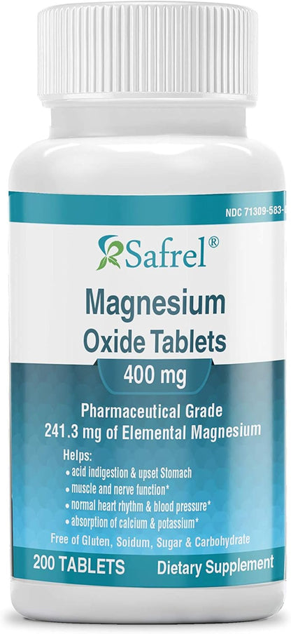 Safrel Magnesium 400mg Tablets, High Potency Magnesium Oxide Supplement for Muscle Cramps, Relaxation, Nerve and Immune Support (200 Count)