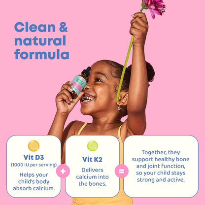 JoySpring Vitamin D3 Kids Drops with K2 – Liquid Supplement for Calcium Absorption & Joint Health – 360 Doses (60 ml)