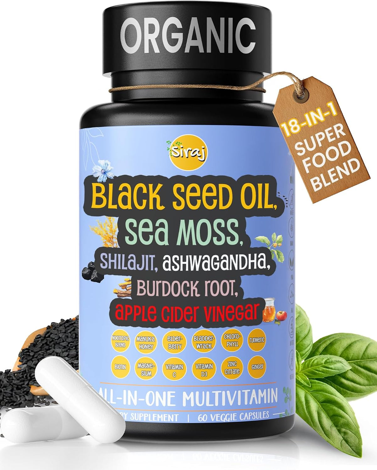 Siraj 18-in-1 Superfood Multivitamin - Irish Sea Moss, Black Seed Oil, Shilajit, Ashwagandha, Nootropic Supplement - 60 Capsules - görsel 1