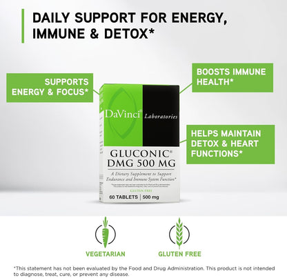 DAVINCI Labs Gluconic DMG 500 mg - Food Supplement for Endurance and Immune Support - 60 Chewable Tablets
