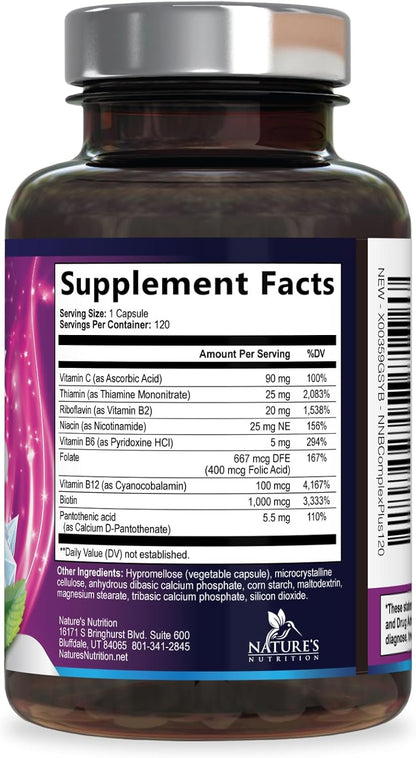 B Complex Vitamins Capsules - Super Complete B-100 Complex with Vitamin B12, B6, C, Biotin, Folate & Folic Acid for Immune & Energy Support - Food Supplement for Heart, Brain & Nerve Support - 120 Capsules