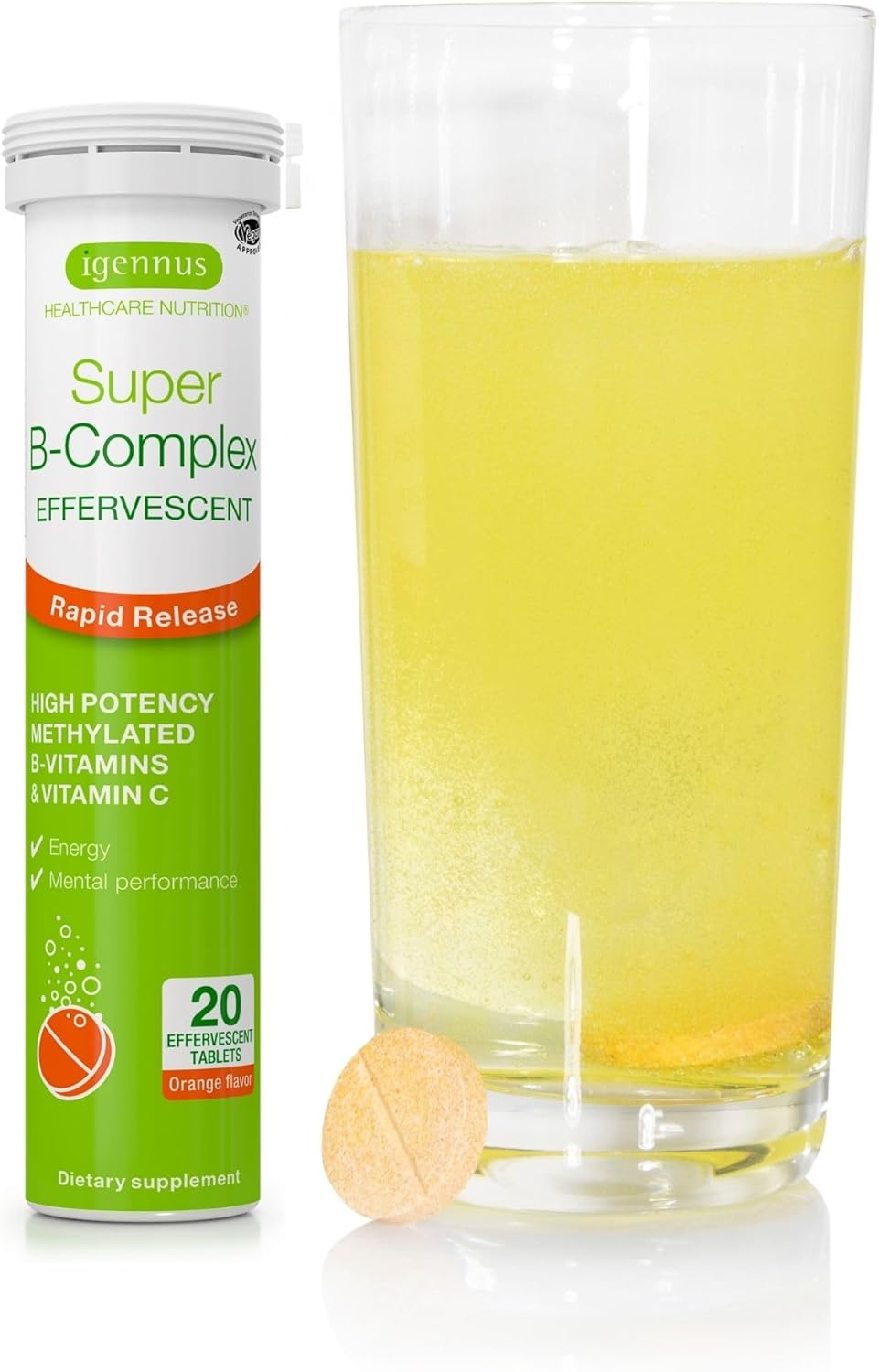 Igennus Super B-Complex Methylated Liquid B-Vitamin Effervescent Supplement – Fast Action Energy Drink, Caffeine & Sugar-Free, Orange Flavour, Vegan, 20 Tablets - görsel 1