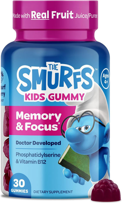 The Smurfs Nootropic Gummies for Kids - Focus & Memory Support with Vitamin B12 & Phosphatidylserine - 60 Vegan Gummies