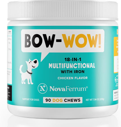 NovaFerrum Bow Wow 18-in-1 Multifunctional Dog Supplement with Iron, Glucosamine, Probiotics & Antioxidants, Chicken Flavour, 90 Chews