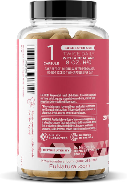 Eu Natural Glow Prenatal Vitamins for Women – 20-in-1 Multivitamin with Folate & Vegan DHA – 60 Vegetarian Capsules