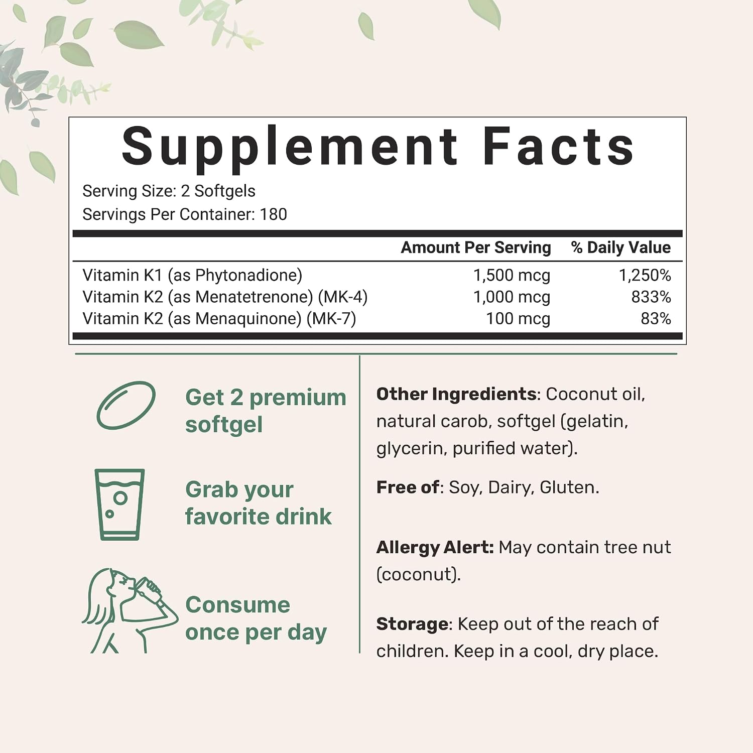Super Vitamin K Complex (K2 MK7 + MK4 & K1), 360 Coconut Oil Softgels | Easily Absorbed K Vitamins, Active Menaquinone Complex | Non-GMO - görsel 2
