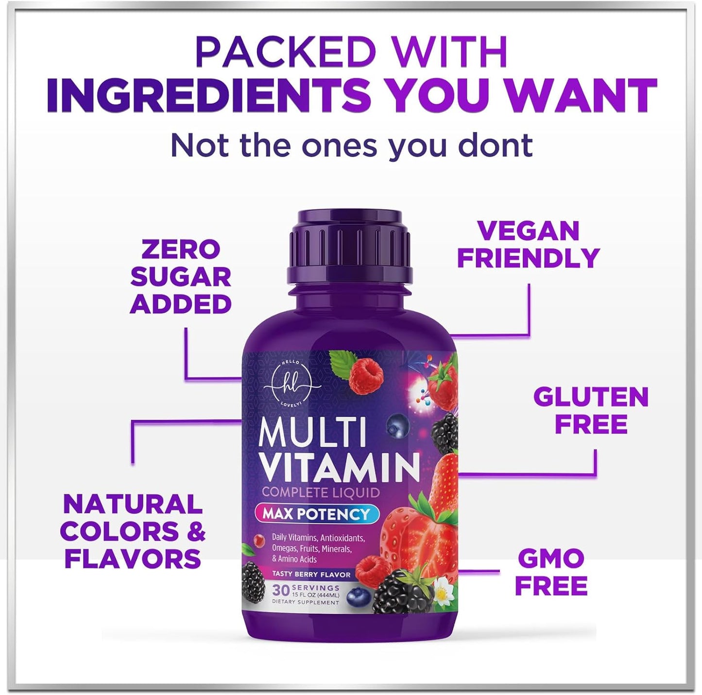 Hello Lovely! Liquid Multivitamin – Sugar Free Daily Multi for Women, Men & Kids, Berry Flavour (450 ml) - görsel 5