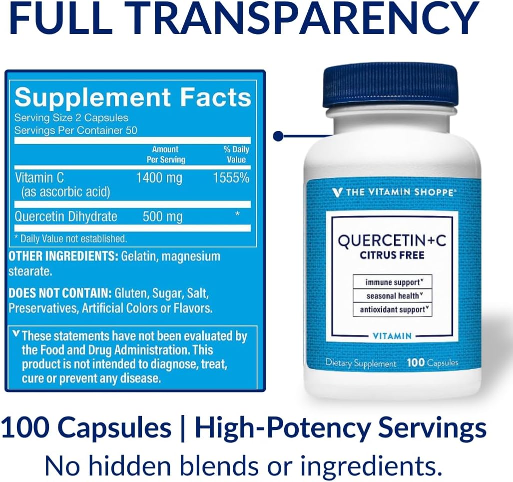The Vitamin Shoppe Quercetin + C – Citrus Free – 1400mg Vitamin C & 500mg Quercetin – Immune Support – 100 Capsules - görsel 8