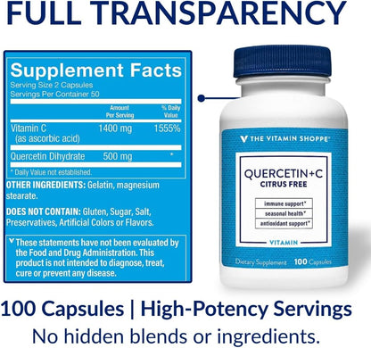 The Vitamin Shoppe Quercetin + C – Citrus Free – 1400mg Vitamin C & 500mg Quercetin – Immune Support – 100 Capsules
