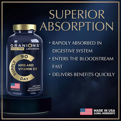 Vitamin D3 and HMB Supplement – 1000mg Calcium HMB Per Serving, Muscle and Bone Support, 180 Capsules (3-Month Supply)
