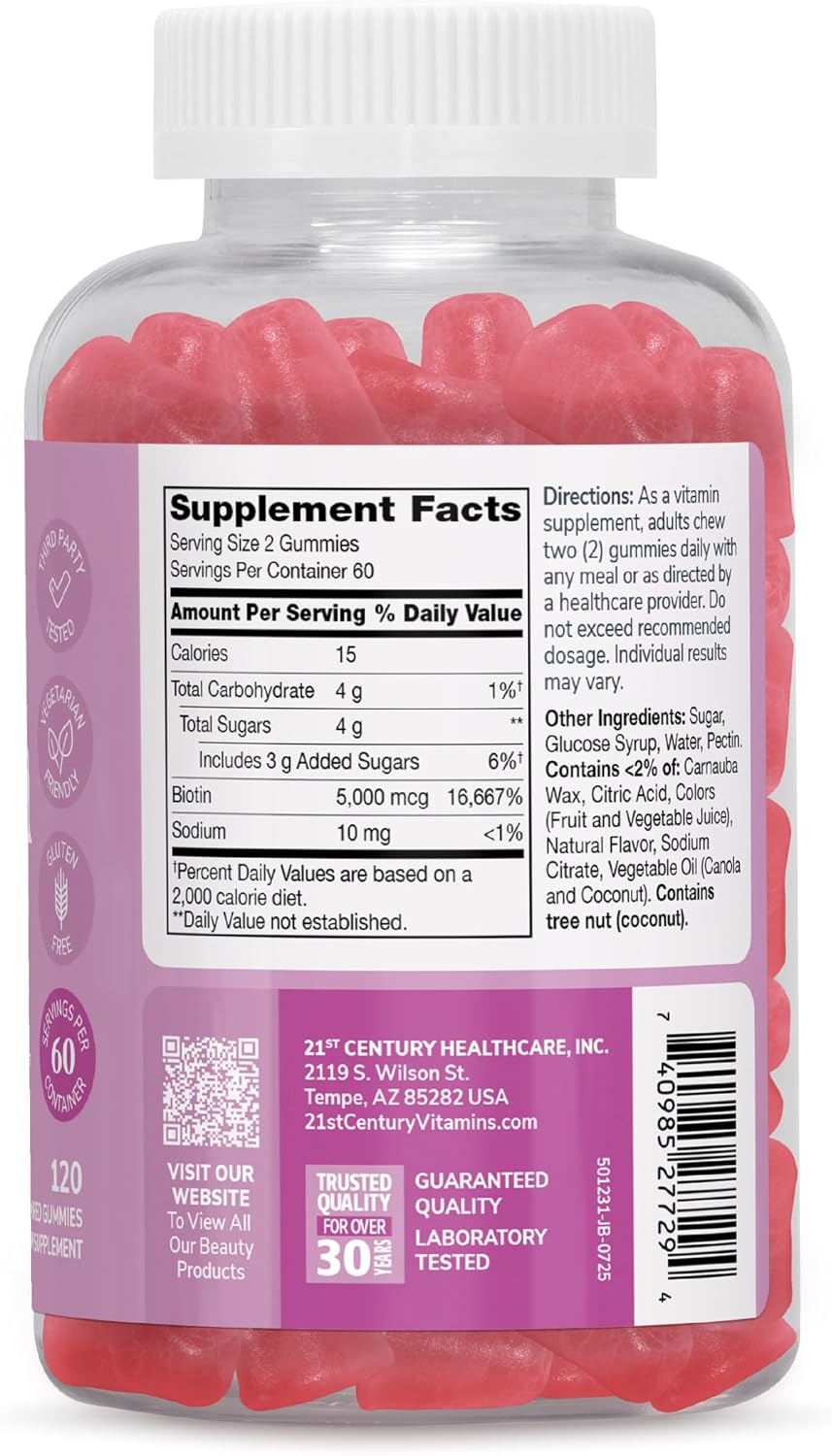 21st Century Biotin Gummies 5000 mcg for Hair, Skin and Nail Health – Vegetarian Strawberry Supplement, 120 Gummies, Gluten-free - görsel 2