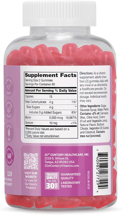 21st Century Biotin Gummies 5000 mcg for Hair, Skin and Nail Health – Vegetarian Strawberry Supplement, 120 Gummies, Gluten-free