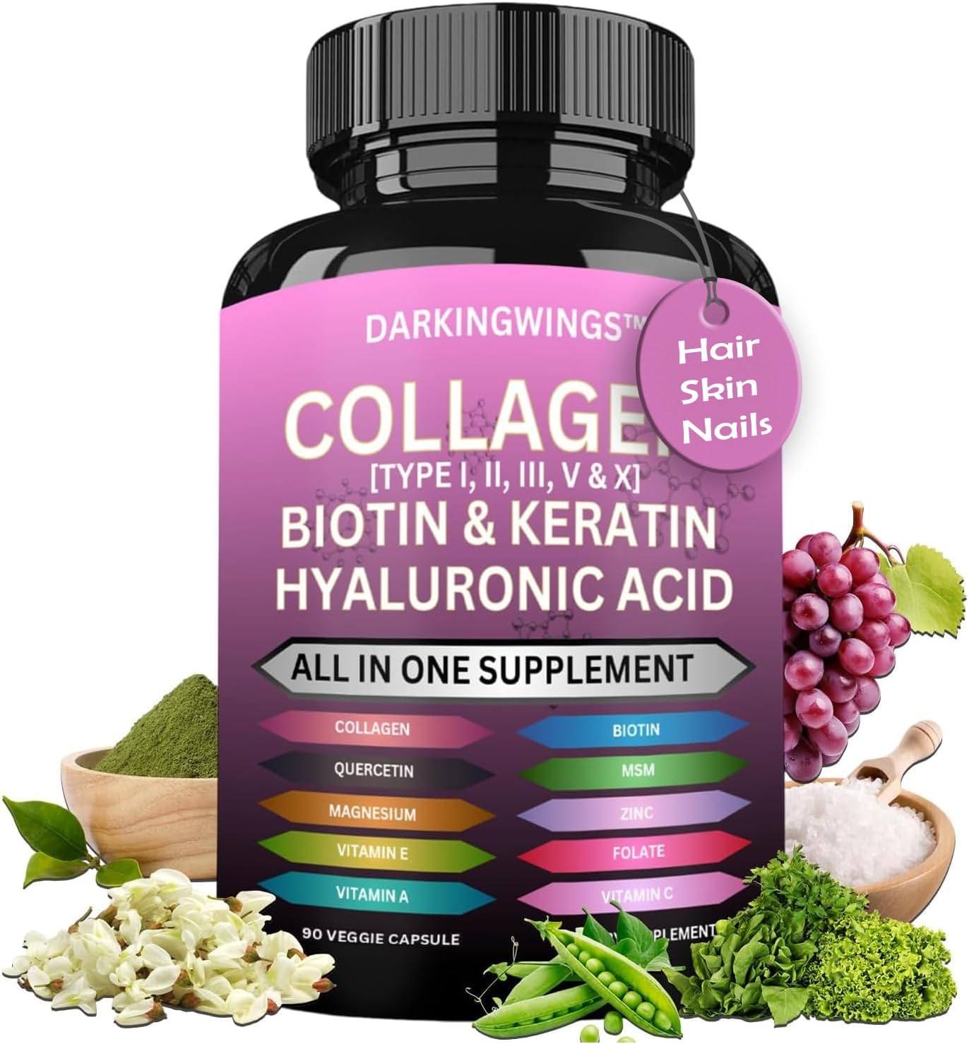Darkingwings Multi Collagen Peptides Capsules - 14-in-1 with Types I, II, III, V & X, Biotin, Keratin, HA, MSM, Vitamin C, Zinc & More - görsel 1