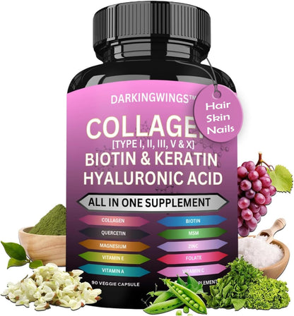 Darkingwings Multi Collagen Peptides Capsules - 14-in-1 with Types I, II, III, V & X, Biotin, Keratin, HA, MSM, Vitamin C, Zinc & More