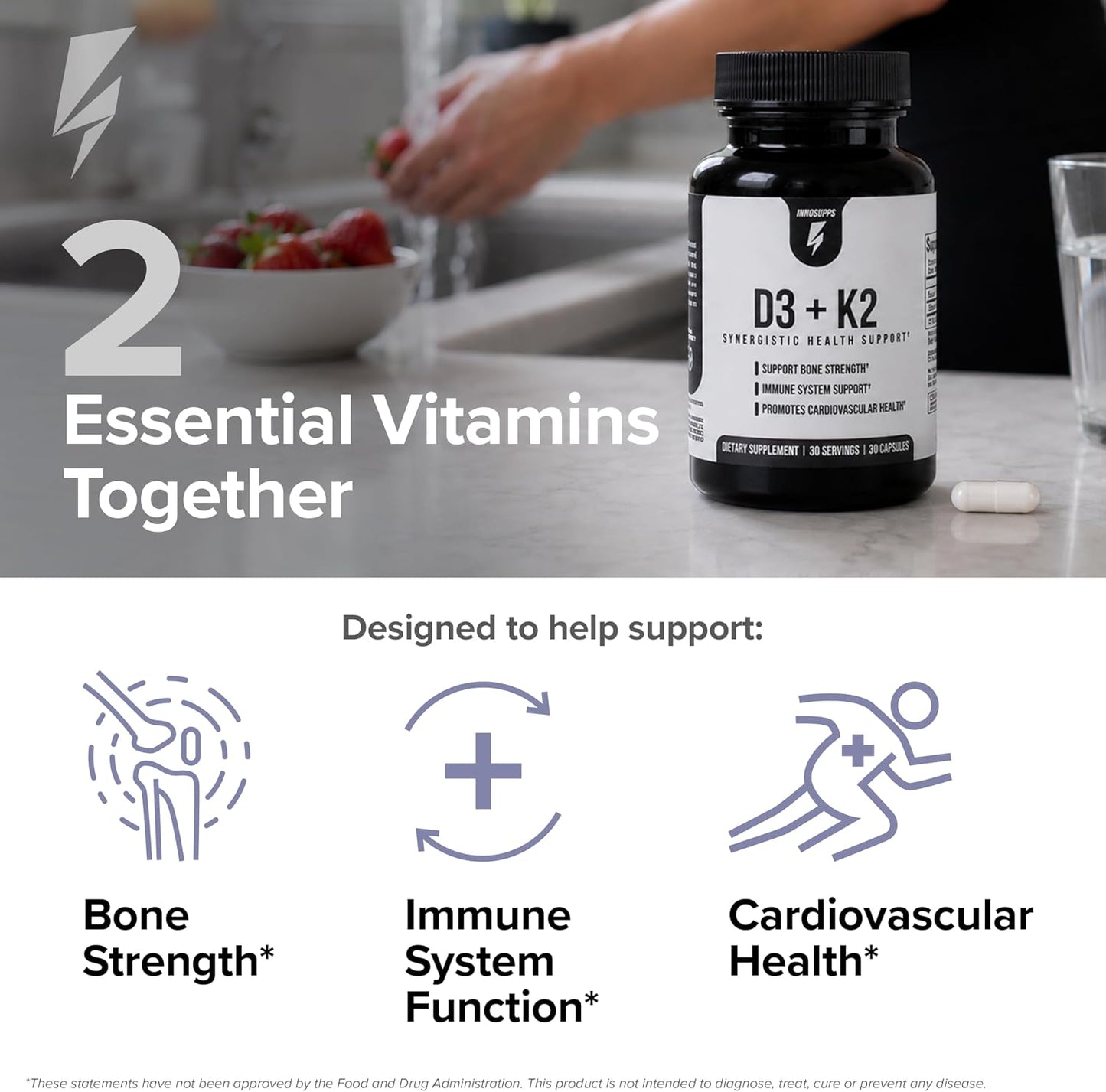 Inno D3+K2 - Vitamin K2 and D3 Supplement with Magnesium for Immune Support, Bone Strength, and Cardiovascular Health - Vitamin Complex Supplements for Overall Health & Wellness (30 Capsules) - görsel 2