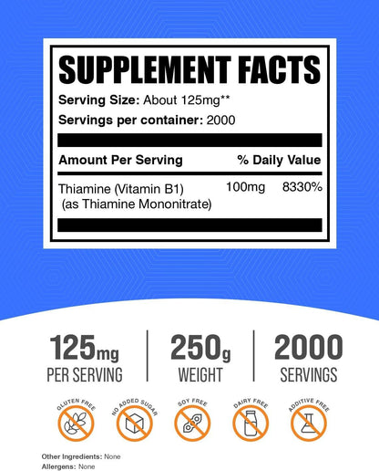 BulkSupplements.com Thiamine Mononitrate Powder - Vitamin B1 Supplement - Gluten-free, 125mg per Serving, 250g