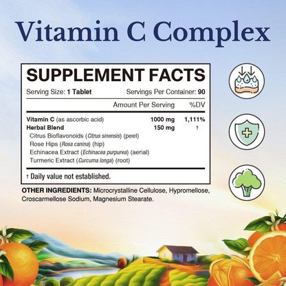 Vitalitown Vitamin C Complex 1000mg with Rose Hips, Bioflavonoids, Turmeric & Echinacea - 90 Tablets