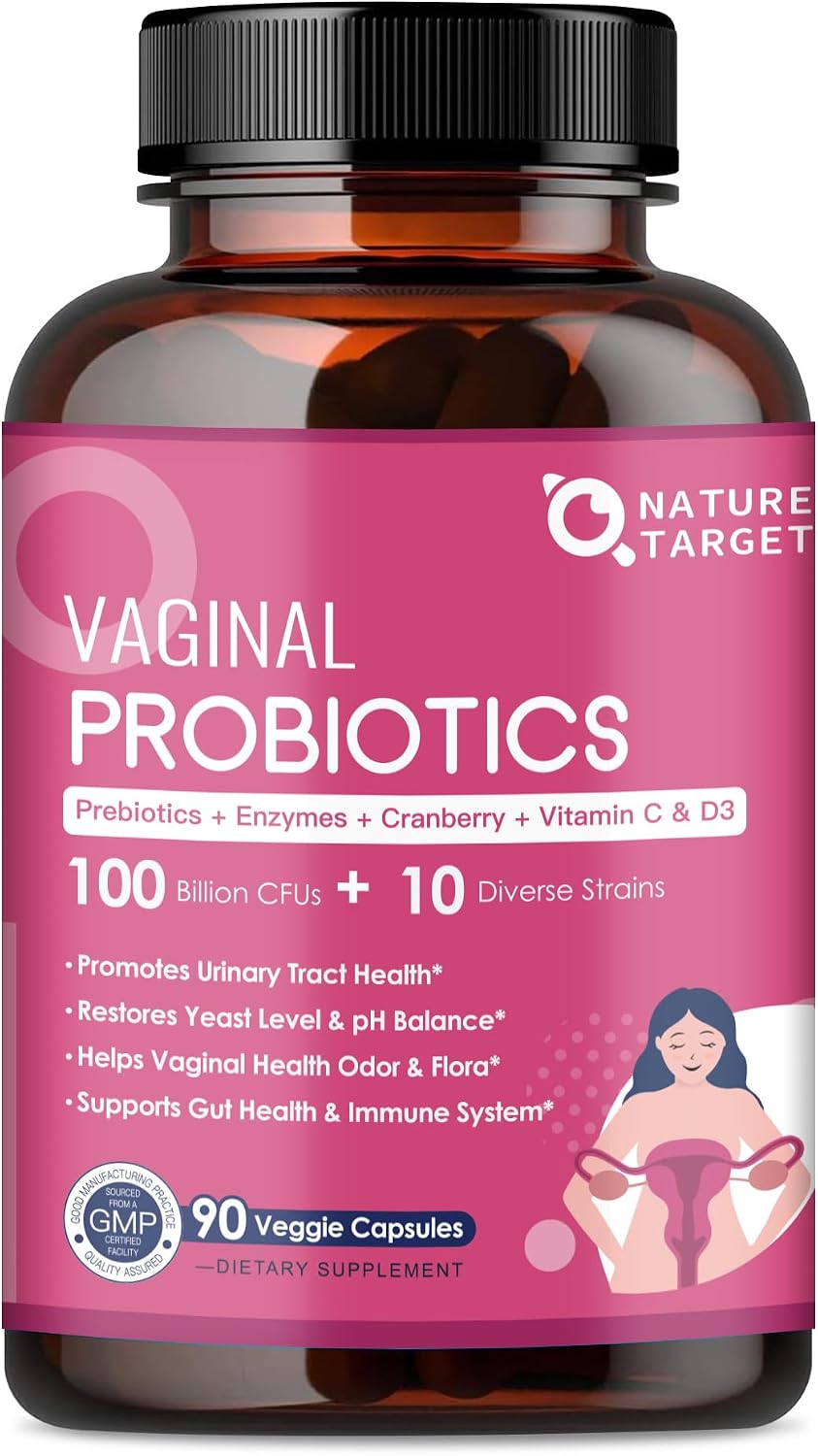 Vaginal Probiotics for Women – 100 Billion CFUs with Prebiotics, Digestive Enzymes, Cranberry & D-Mannose – Supports pH Balance & Urinary Tract Health – 90 Capsules - görsel 1