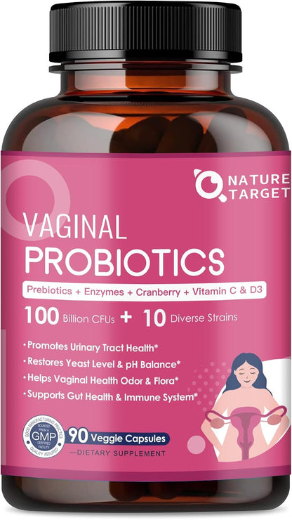 Vaginal Probiotics for Women – 100 Billion CFUs with Prebiotics, Digestive Enzymes, Cranberry & D-Mannose – Supports pH Balance & Urinary Tract Health – 90 Capsules