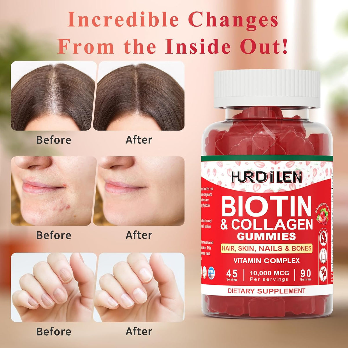 Hurdilen Hair, Skin and Nails Gummies - 10000mcg Biotin & Collagen, 90 Gummies for Women and Men - görsel 5