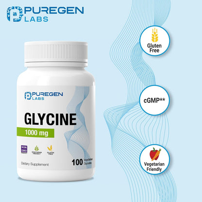 Puregen Labs Glycine 1000mg [High Potency] – 100 Vegetarian Capsules – Supports Restful Sleep – Non-GM, Gluten-free & Dairy-Free