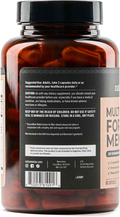 NatureWise Multivitamin for Men - Daily Male Support - Minerals & Herbs for Energy, Performance, Immunity - with Vitamin A, C, D, B-Complex - Soya & Gluten-free, Non-GM - 60 Capsules (30-Day Supply)