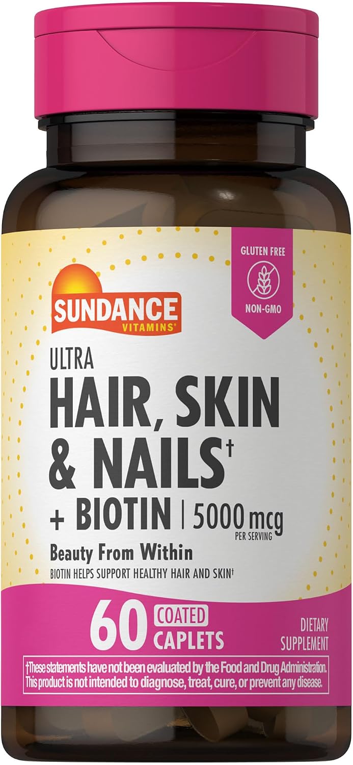 Sundance Hair, Skin & Nails Vitamins | 5000mcg Biotin + Collagen | 60 Coated Tablets | Non-GM & Gluten-free - görsel 1