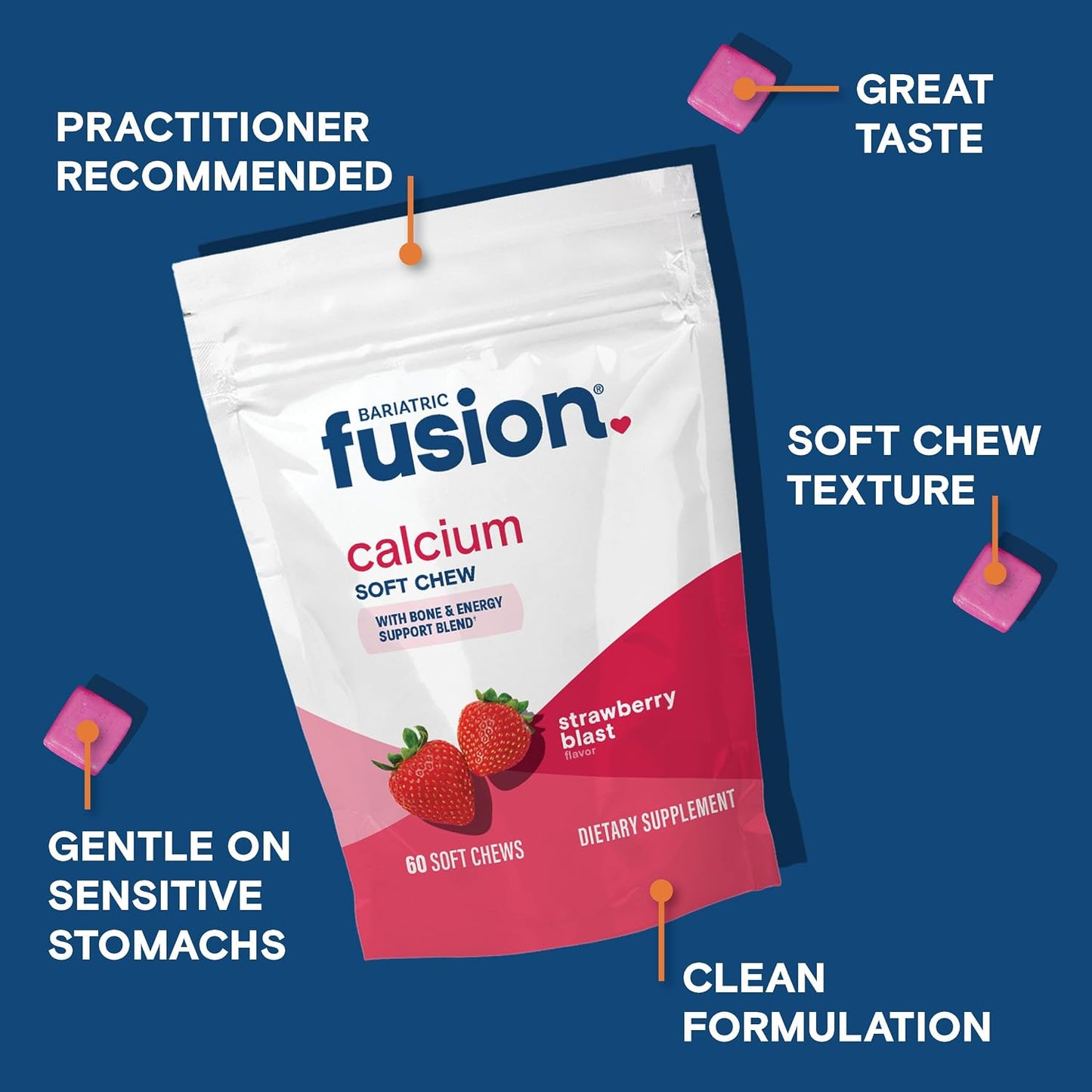 Bariatric Fusion Bariatric Calcium Supplement Chews | Calcium Citrate with Vitamin D3 Bariatric Vitamin | Sugar-Free Chewable | 500mg | Strawberry | 60 Chews - görsel 3