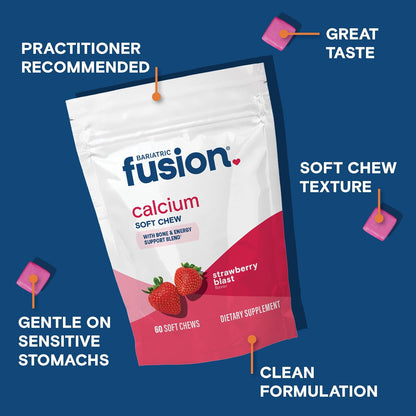 Bariatric Fusion Bariatric Calcium Supplement Chews | Calcium Citrate with Vitamin D3 Bariatric Vitamin | Sugar-Free Chewable | 500mg | Strawberry | 60 Chews