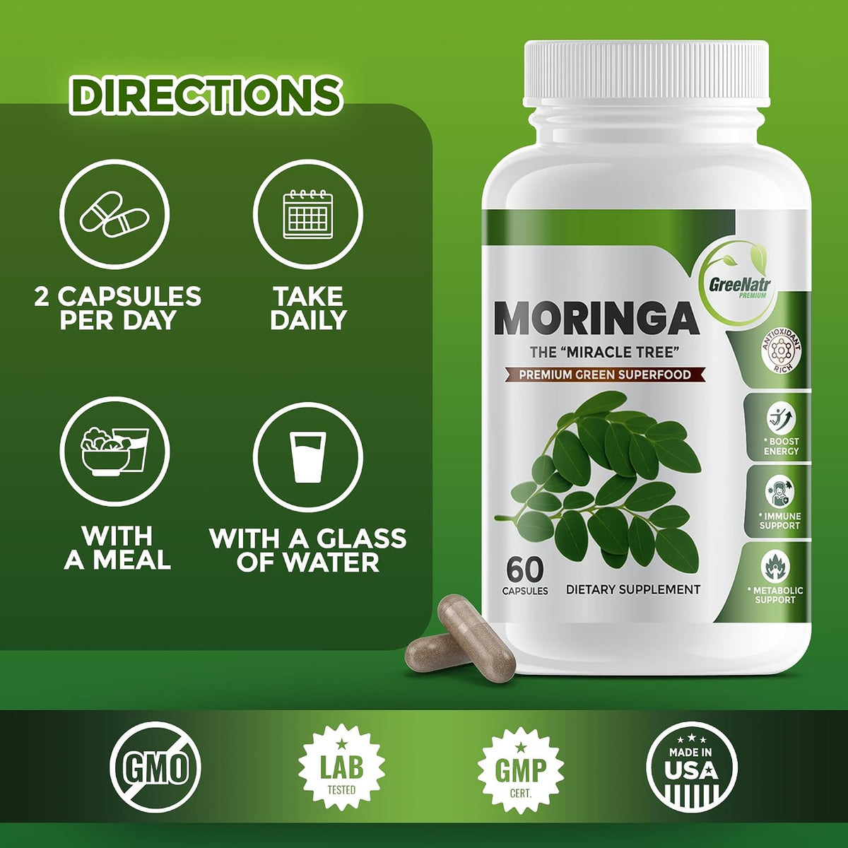 Pure Moringa Oleifera Green Superfood Capsules with Vitamin C, Omega 3 & Amino Acids - 60 Capsules - görsel 5