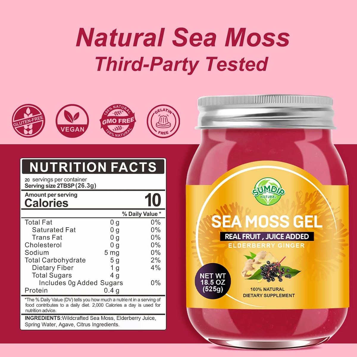 SumDIP 525 g Raw Wild-Harvested Irish Sea Moss Gel with Elderberry & Ginger - görsel 2