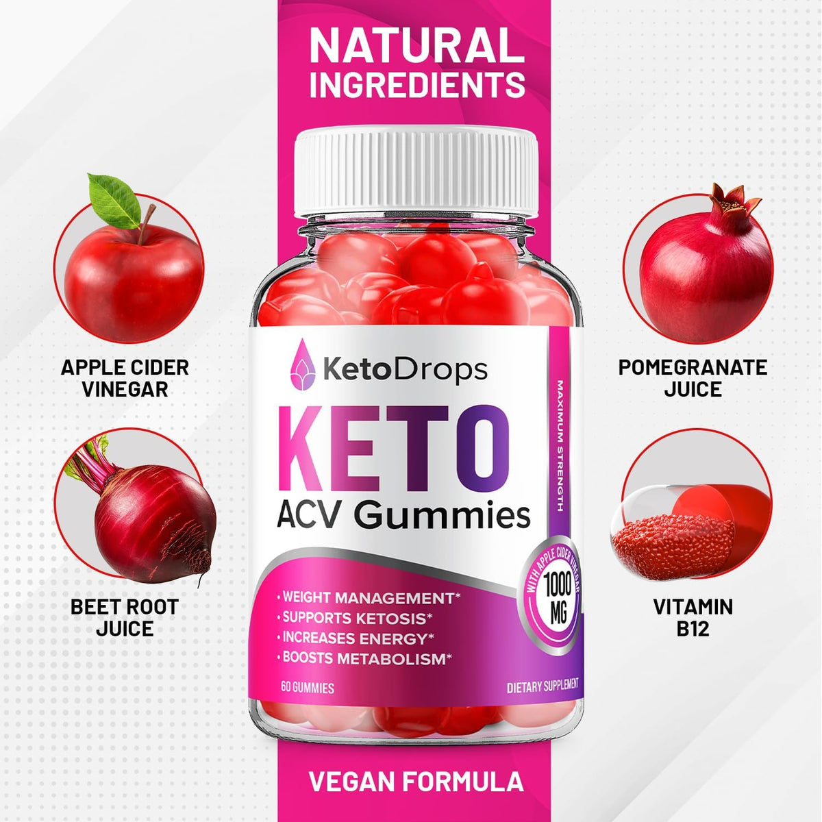 Keto Drops ACV Gummies (3 Pack) - Advanced Formula with Apple Cider Vinegar, B12, Beet Juice & Pomegranate - 180 Gummies - görsel 5